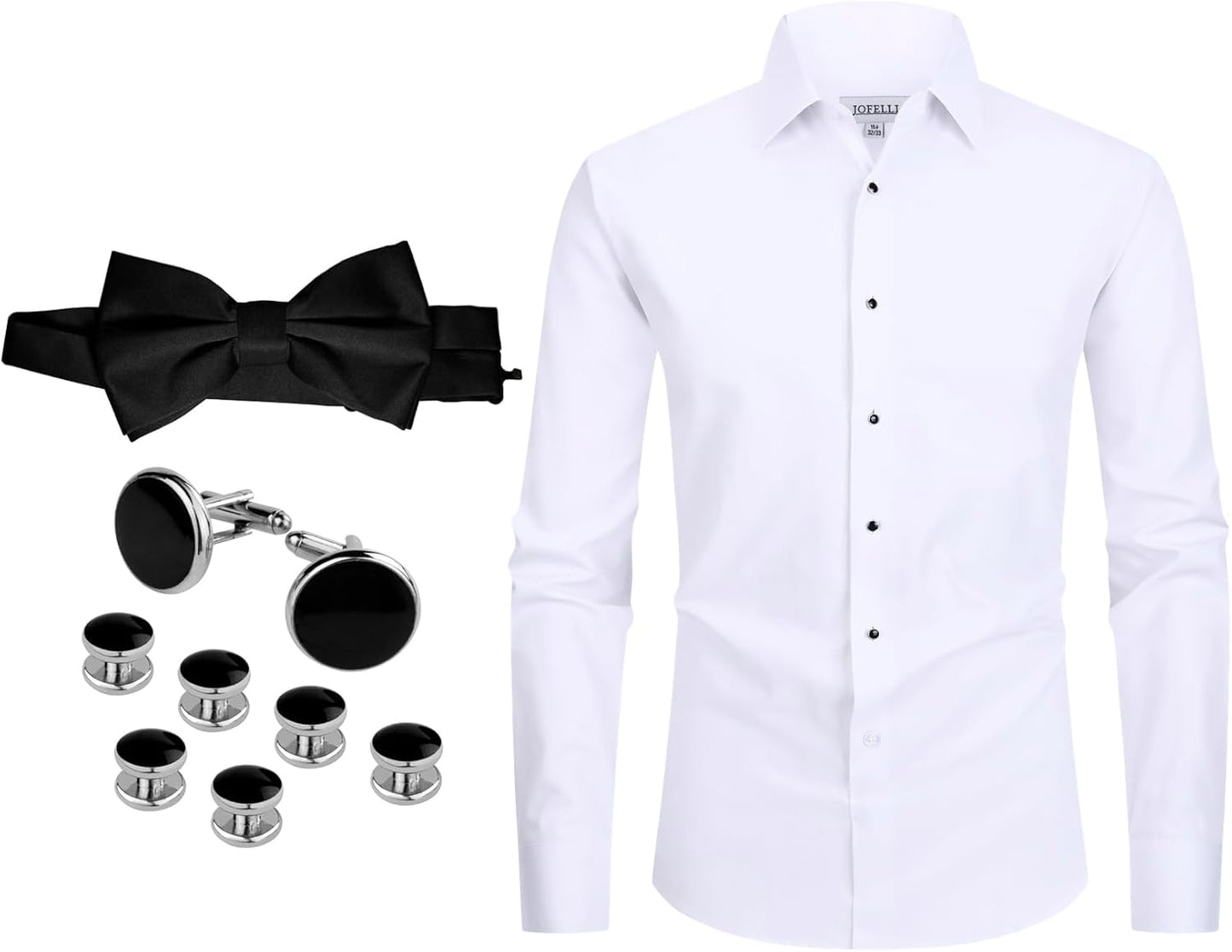 Men's Dress Shirt White 4-Way Stretch Slim Fit Convertible Tuxedo and Regular Bowtie, Cufflinks and Stud Included