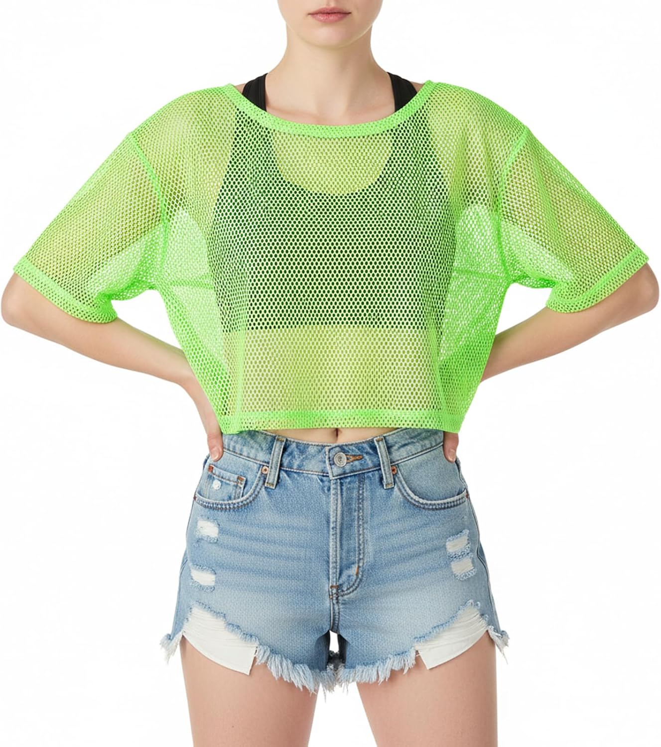 Neon Green Top Mesh 80s Outfit, Glow Party Outfit Women Fishnet Top T-Shirt Neon Clothes, Vintage Fishnet Shirts for Women Halloween Cosplay 80s 90s Masquerade Disco Party Tops