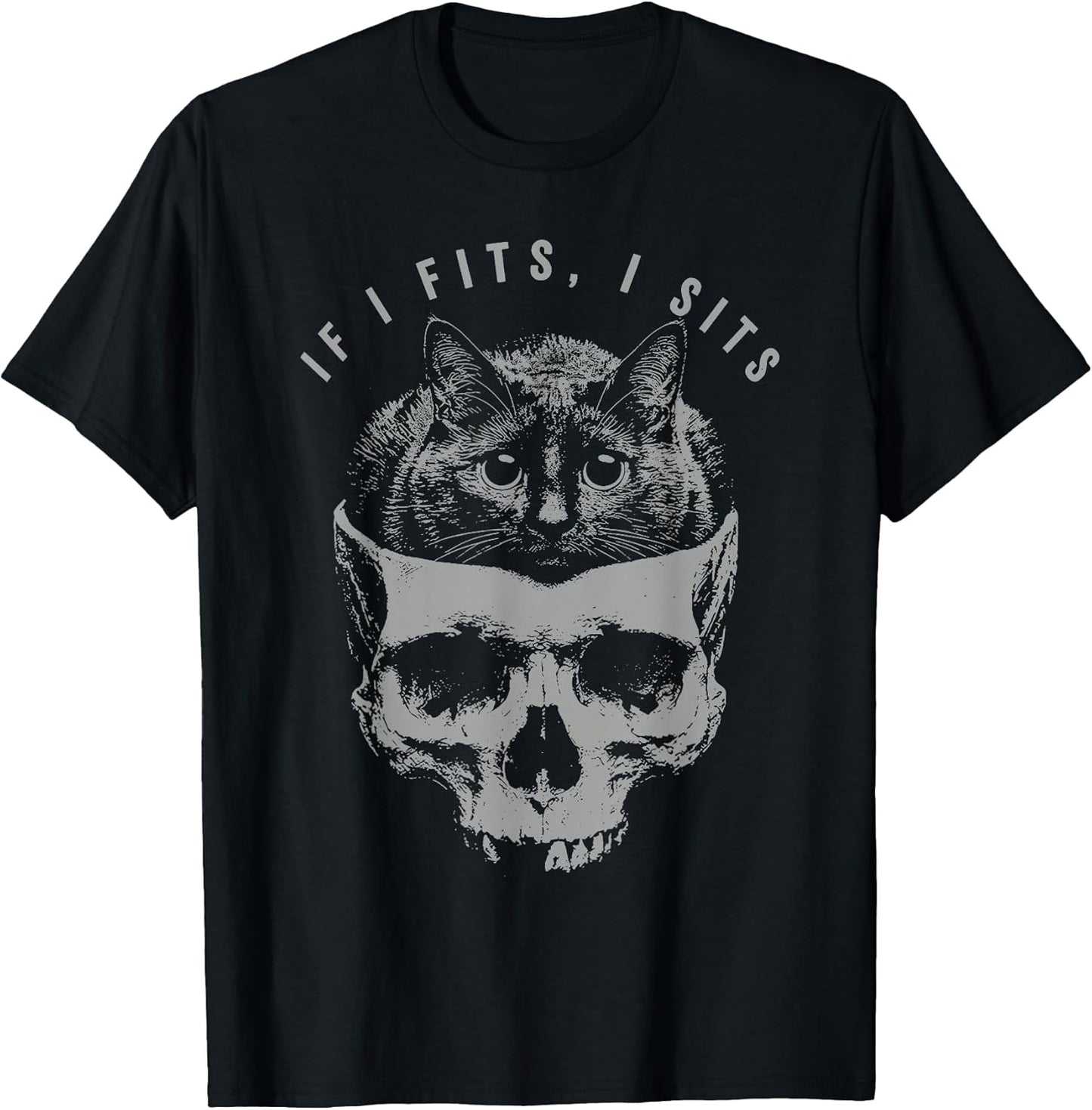 If It Fits I Sit Black Cat Skull Minimalist Meme Humor T-Shirt
