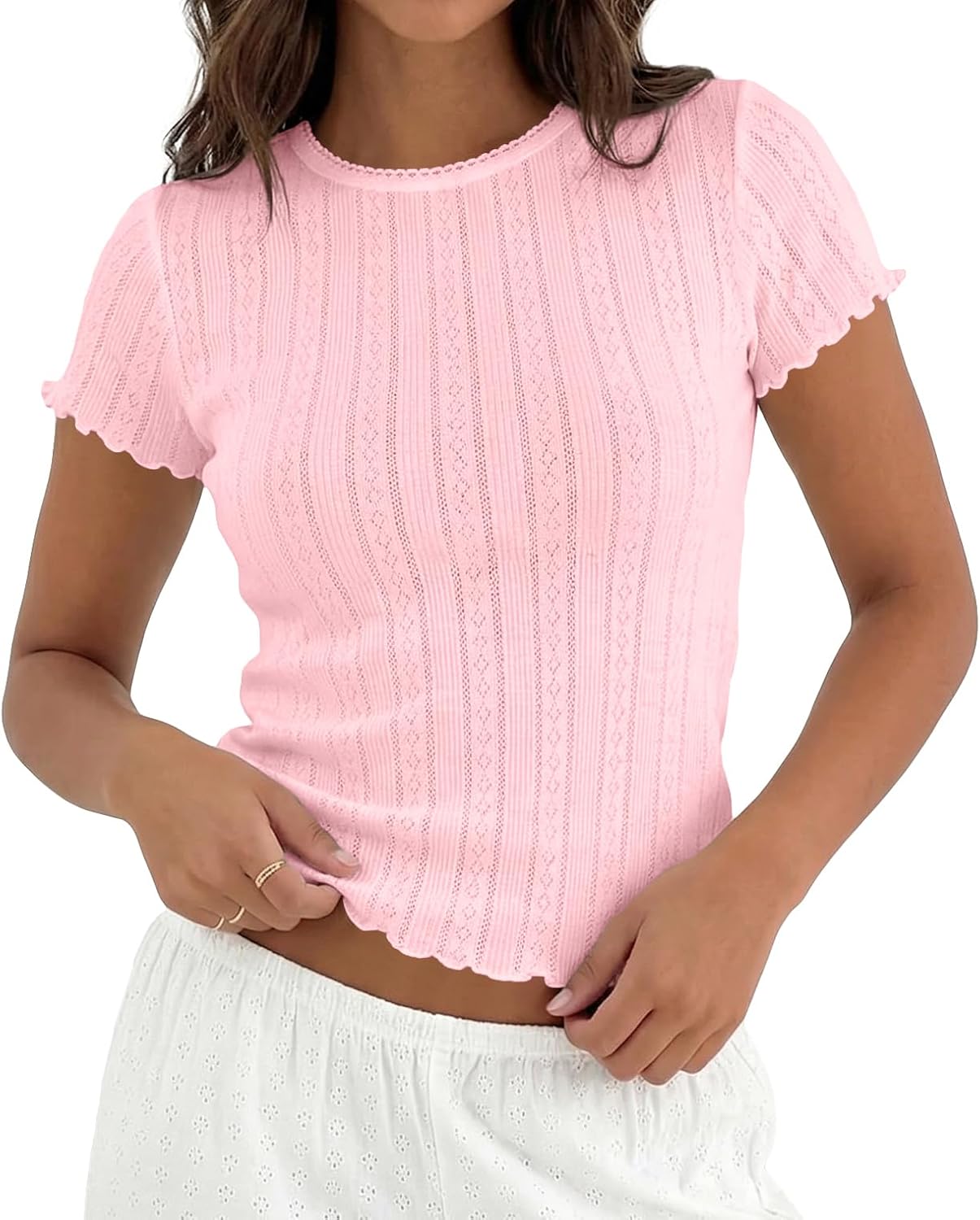 Womens Y2k Aesthetic Picot Crew Neck Pointelle Crop T Shirts Slim Clean Fit Lettuce Trim Short Sleeve Tee Tops