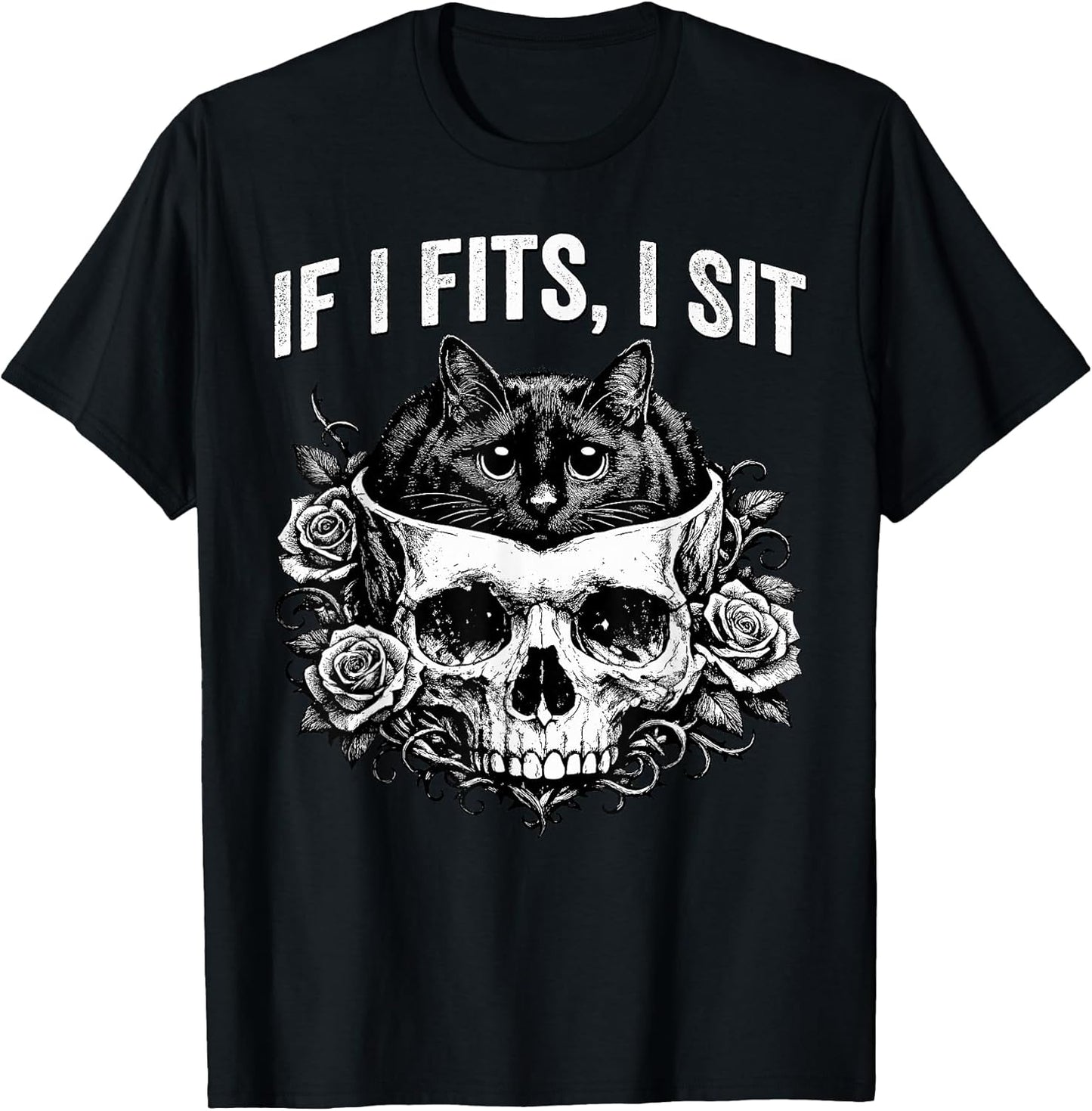Gothic Black Cat Skull Minimalist Humor If I Fits I Sit T-Shirt
