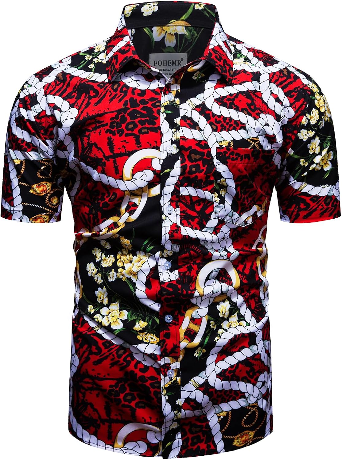 Mens Black Gold Dress Shirts Luxury Short Sleeve Chain Print Shirt Baroque Casual Button Down Design Buchona Shirts