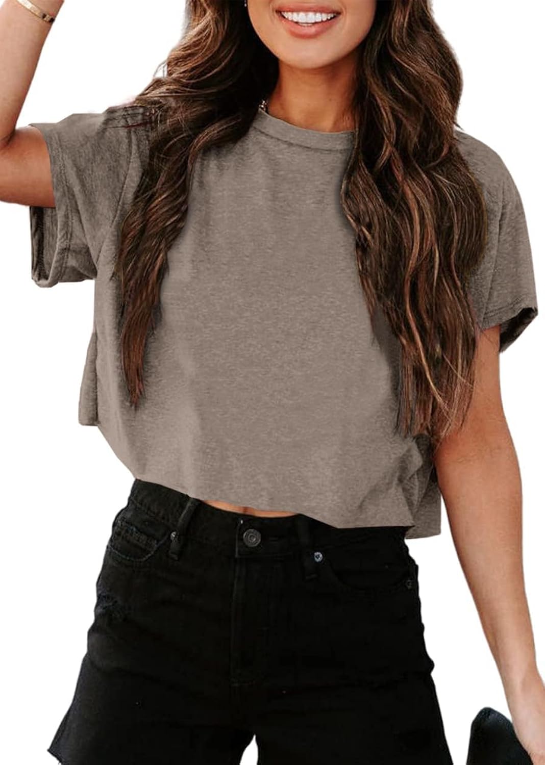 Women's Cropped T Shirts Trendy Short Sleeve Crew Neck Crop Tops Solid Basic Tee