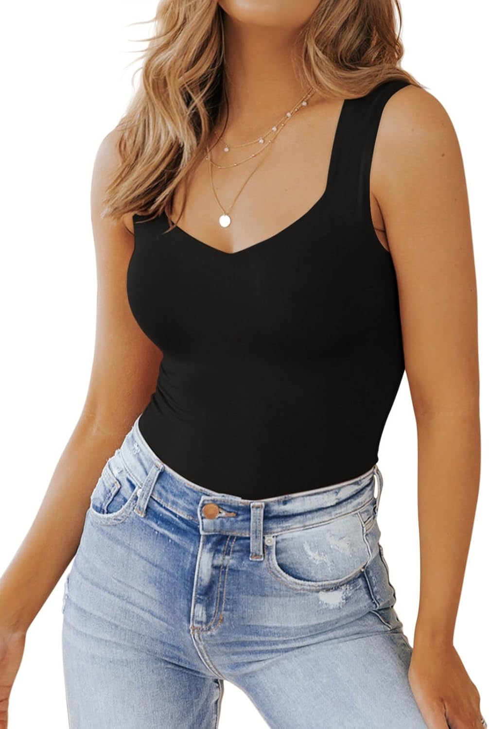 Women's Basic Double Lined V Neck Tank Tops Sleeveless Shirts Slimming Summer Tops