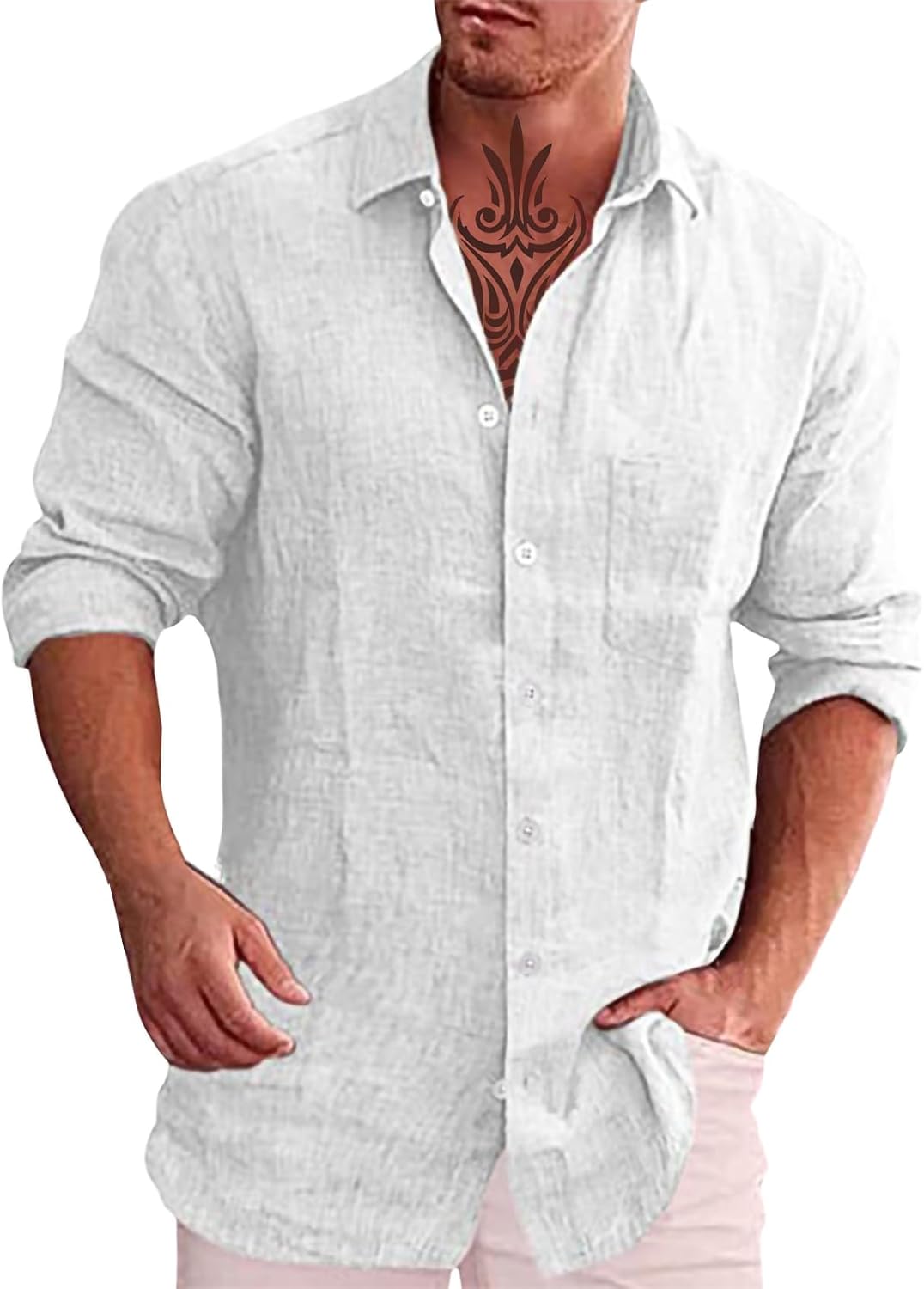 Casual Shirts for Men Plain Relaxed Button Down Streetwear Stretch Long Sleeve V Neck Comfortable Shirt