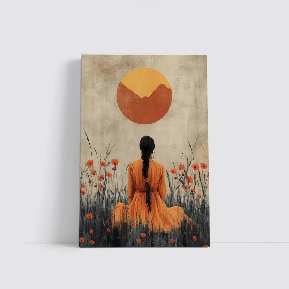 Woman in Orange Dress Poppy Field Sun