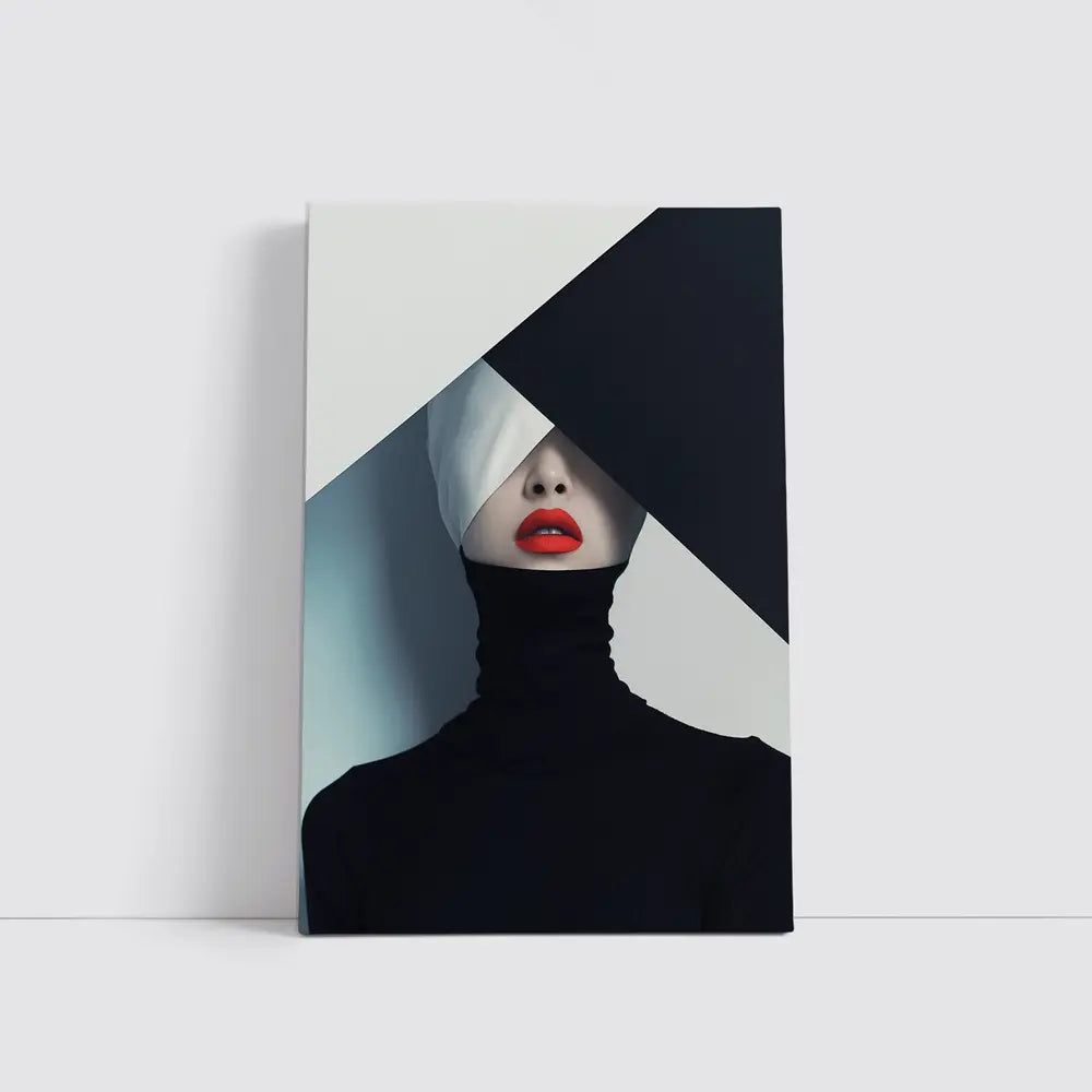 Woman Red Lips Black Turtleneck Geometric Background