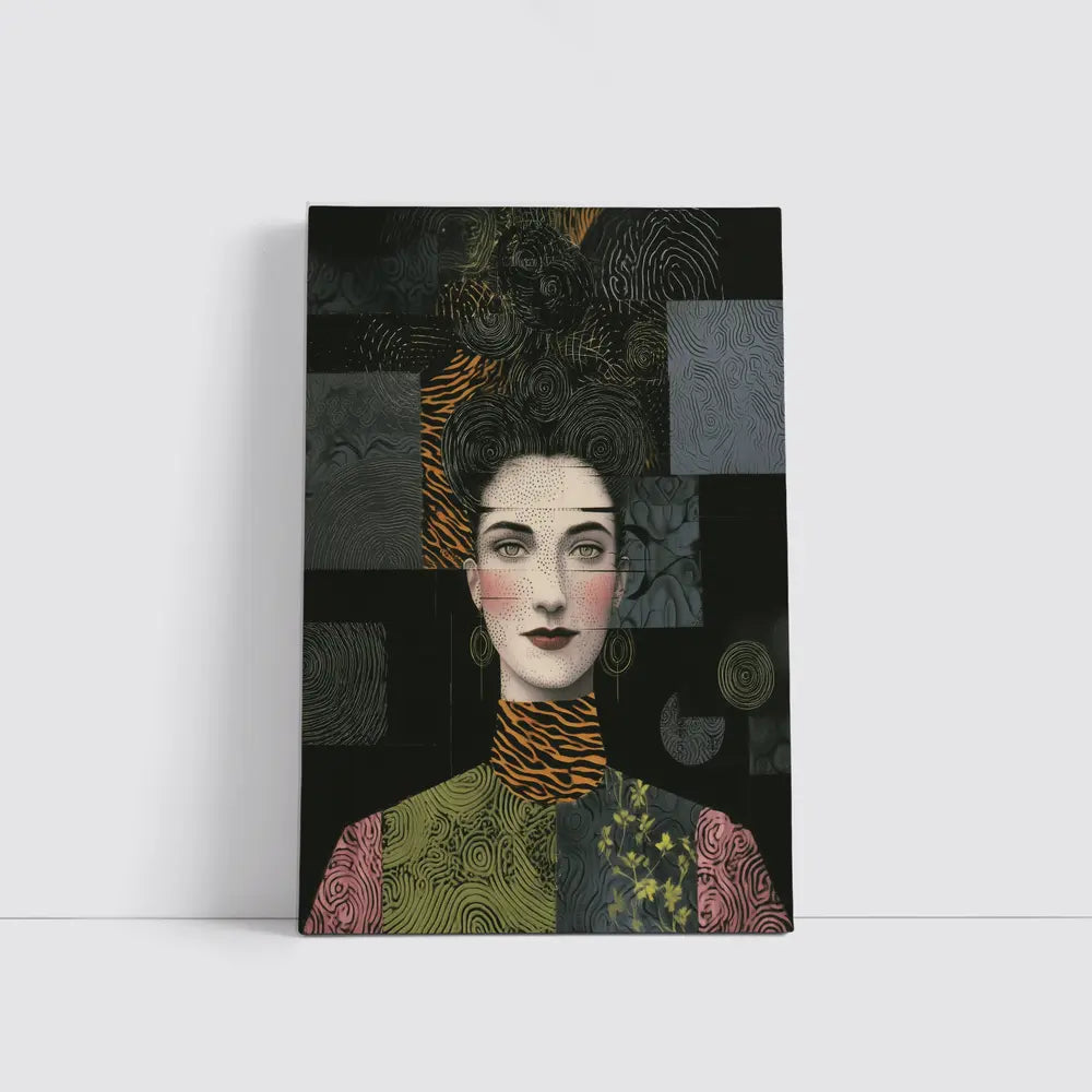 Woman Portrait Collage Mixed Pattern Dark Background