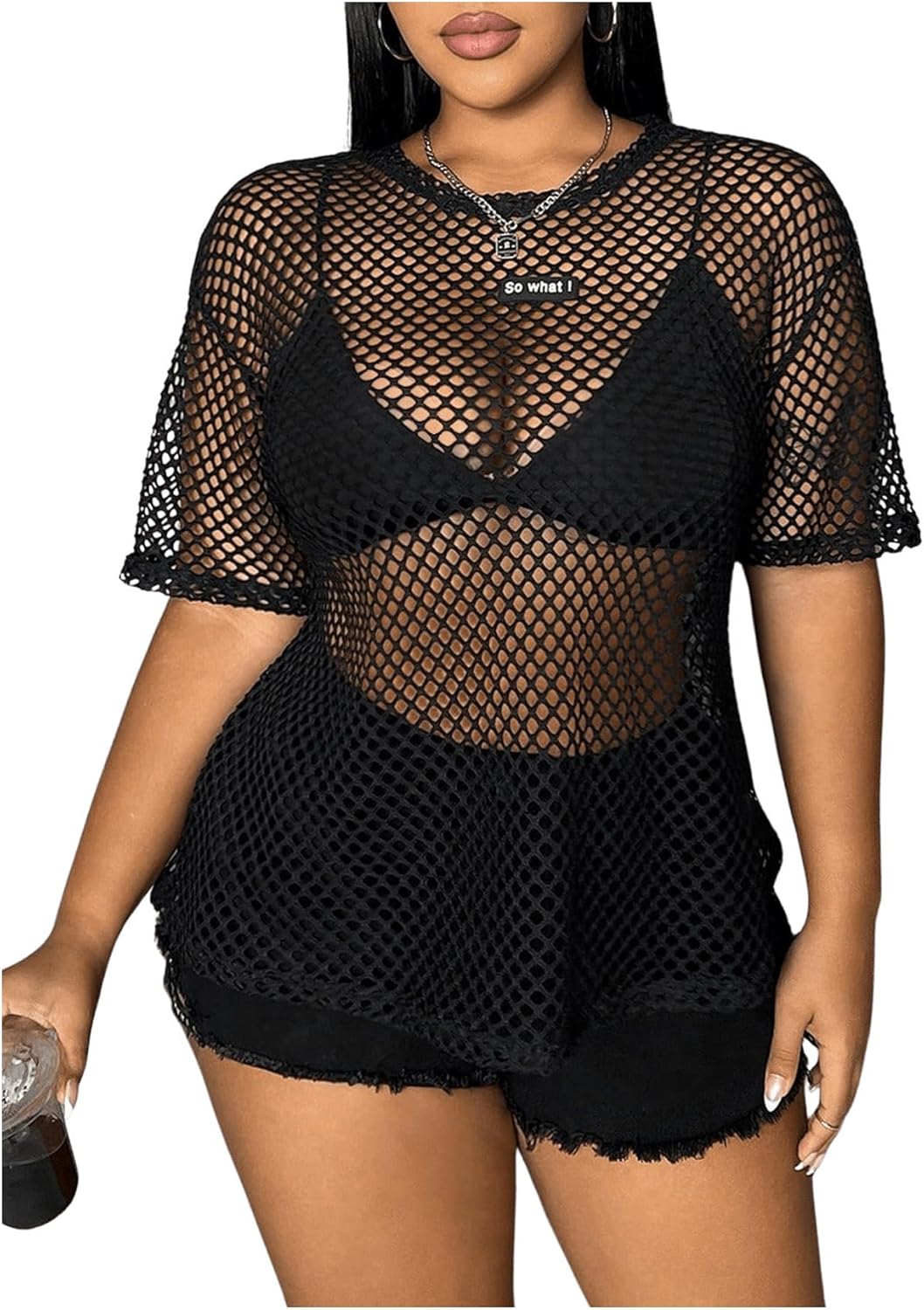Women's Plus Size Y2k Gothic Tops Sheer Mesh T Shirt Fishnet Rave Outfits Top