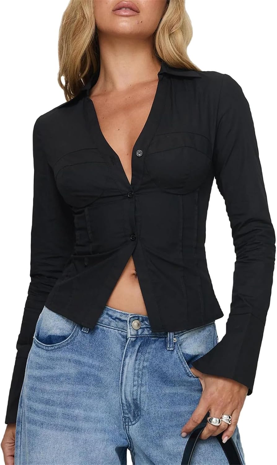 Women Y2K Slim Fit Button Up Shirt Sexy Long Sleeve V Neck Solid Color Crop Blouse Casual Aesthetic Preppy Streetwear