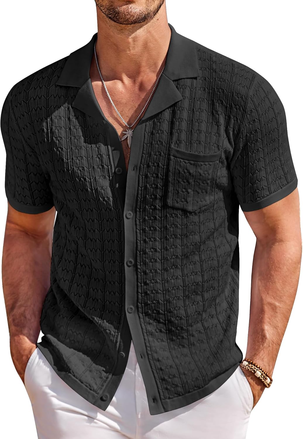 Men's Knit Shirts Short Sleeve Button Down Casual Polo Shirt Summer Beach Vacation Shirts