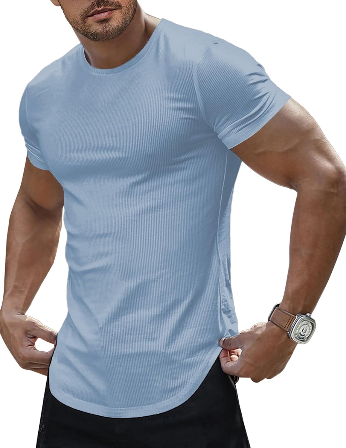 Mens Slim Fit Muscle Stretch Crewneck T-Shirt Summer Athlelic Shirts Longline Short Sleeve Tees Shirts