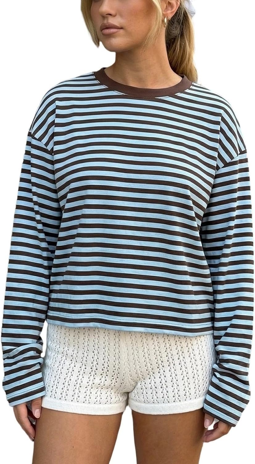 Women Oversized Striped Long Sleeve Shirt Crewneck Cropped Tops Drop Shoulder Y2K Preppy Sweatshirt Fall Clothes