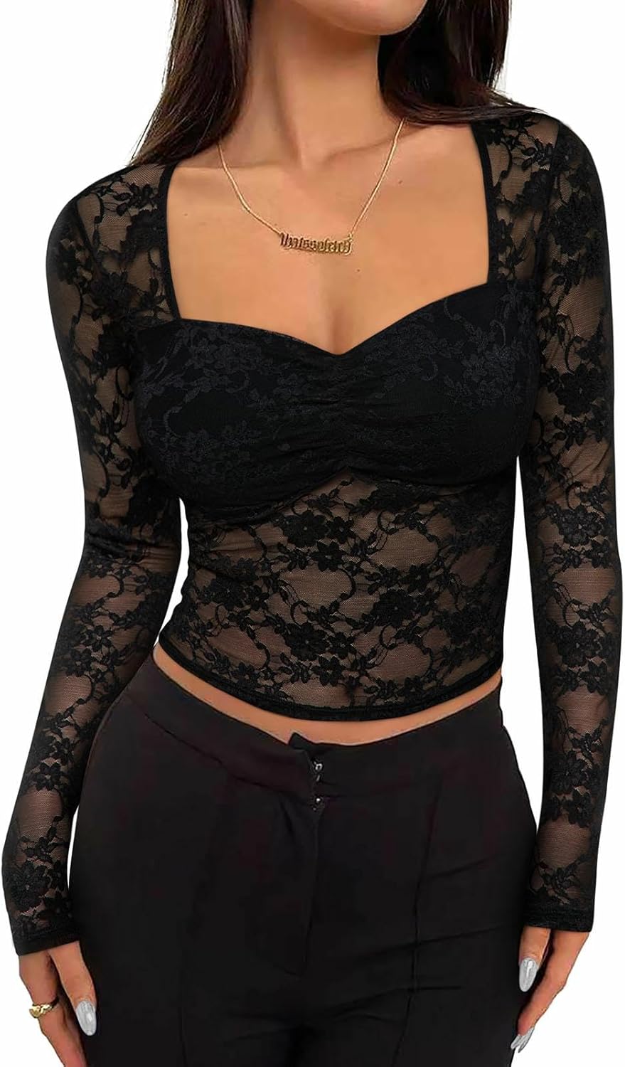 Womens Sexy Sheer Mesh Tops Floral Lace Long Sleeve Shirts Low Cut Slim Fitted Outfits See Through Going Out Blouses