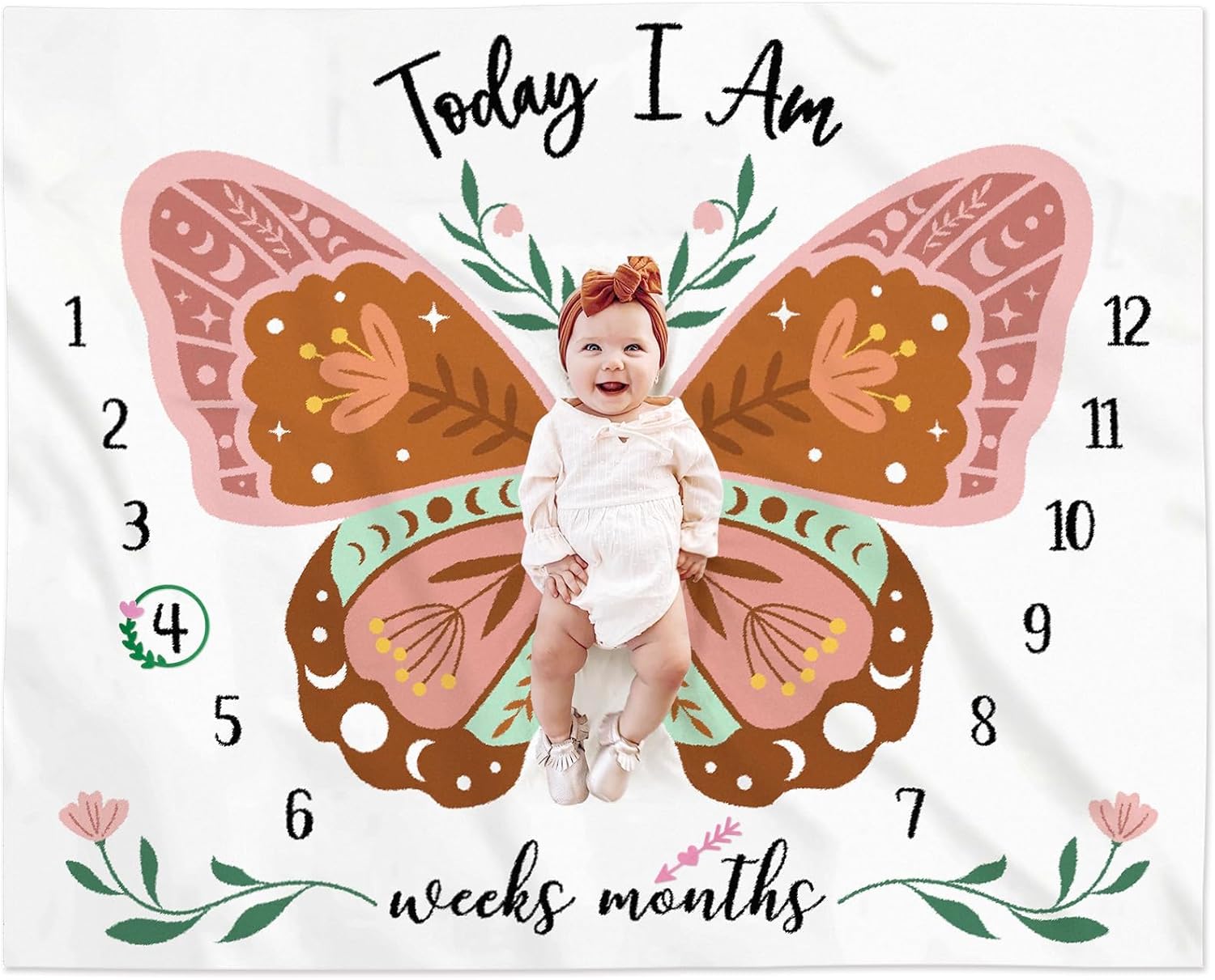 Boho Baby Blanket Butterfly Monthly Milestone Bohemian Floral Girl Photo Prop Sage Green and Pink Blanket Ideas for Personalized Baby Stuff Shower Newborn Decorations Nursery Gift Decor Mom