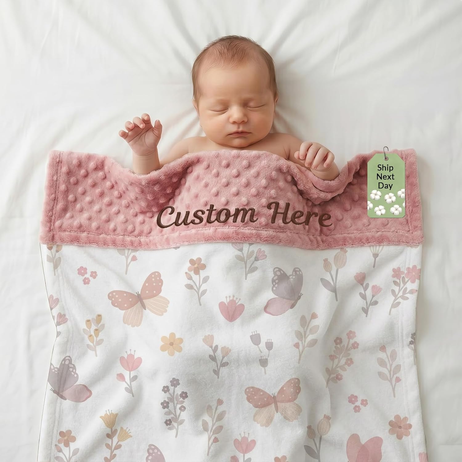 Custom Organic Cotton Double Layer Minky Dot Handmade Embroidered Baby Tummy Time Blanket with Name Customized Newborn Picture Anniversary Throw Gift for Boy Girl from Morther Dad Mom (Floral)