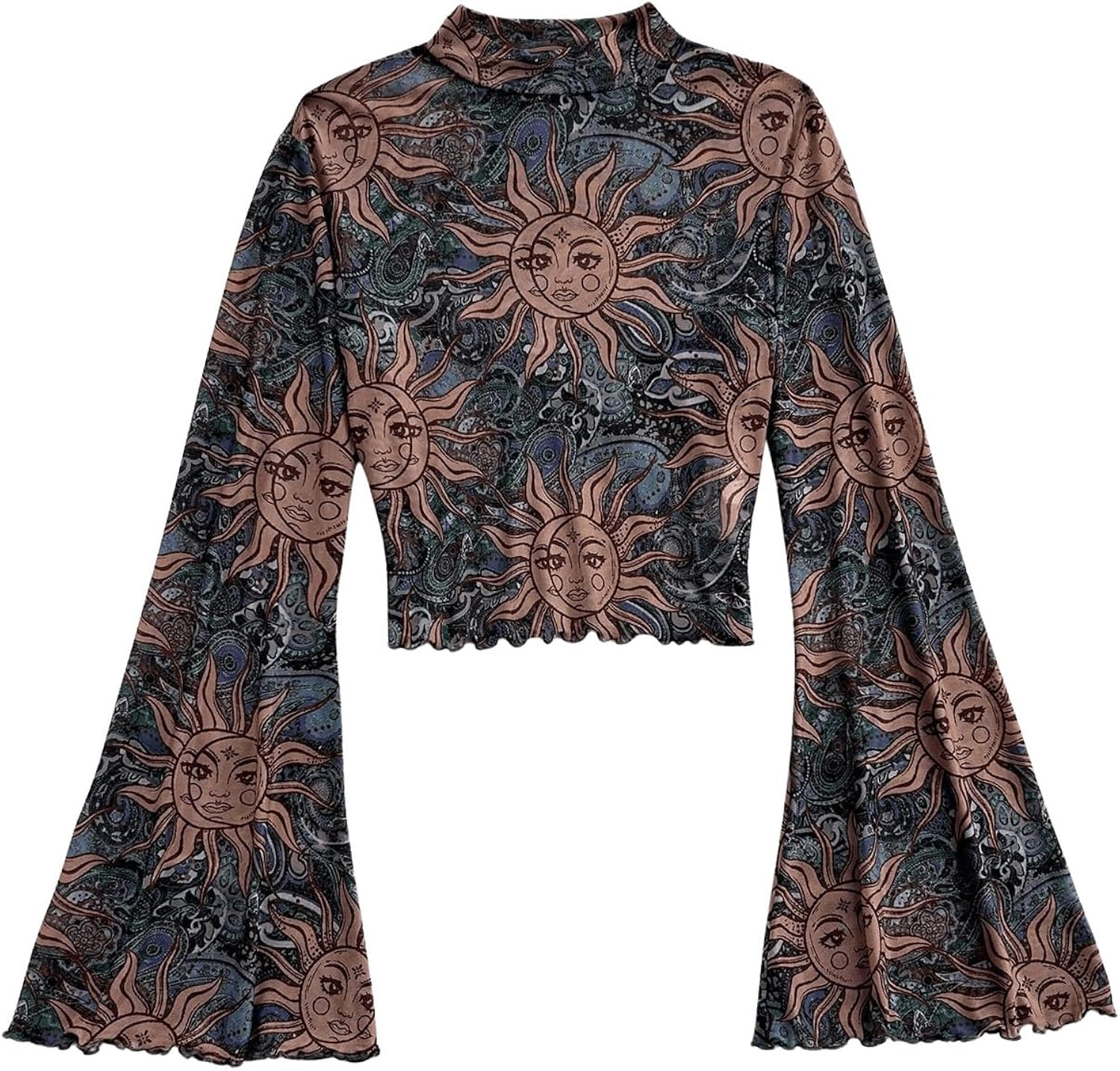 Women's Mesh Gothic Bell Sleeve T Shirts Mock Neck Paisley Halloween Hippie Crop Tops Brown Multi Large