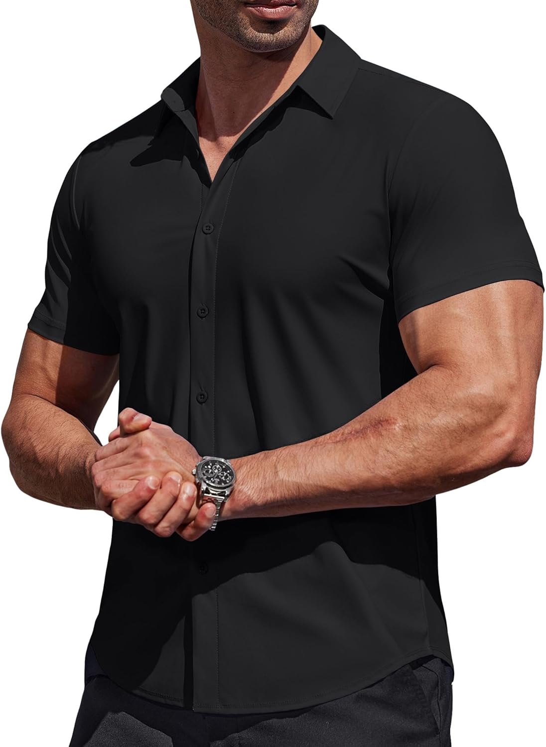 Mens Muscle Fit Dress Shirts Stretch Wrinkle Free Short Sleeve Button Down Shirt Casual Solid Untucked Shirt
