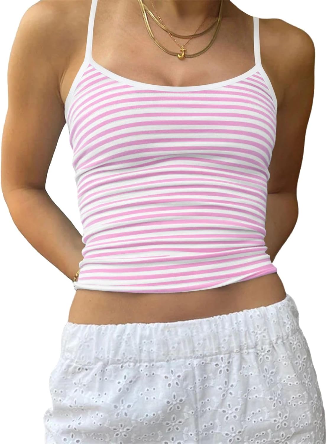 Women Y2K Sleeveless Striped Spaghetti Strap Crop Cami Tank Backless Slim Fit Aesthetic Going Out Tops Girls