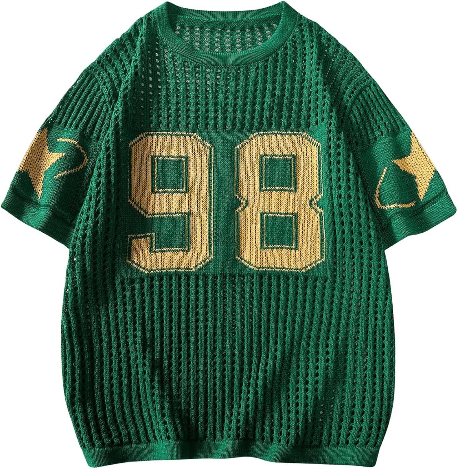 Women's Y2K Jersey Shirts Oversized Number Crochet Hollow Out Jersey Tee Sweater Crew Neck Short Sleeve Knit T Shirts