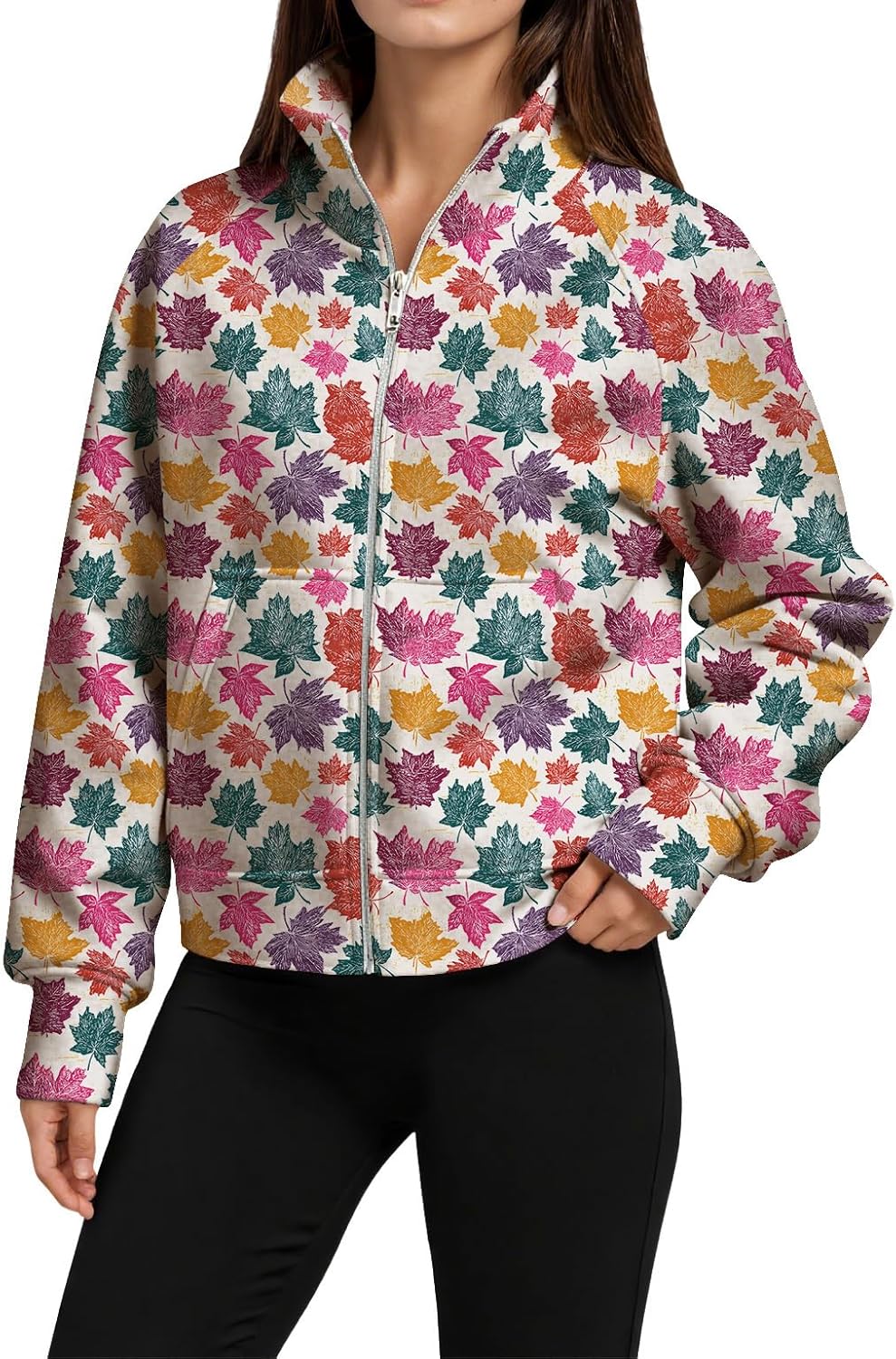 Maple Leaves Print Zip Up Jackets for Women Casual Loose Fit Cropped Jacket Graphic Long Sleeve Stand Collar Zipper Sweatshirt with Pockets Fashion Fall Clothes Colorful Maple Leaf S