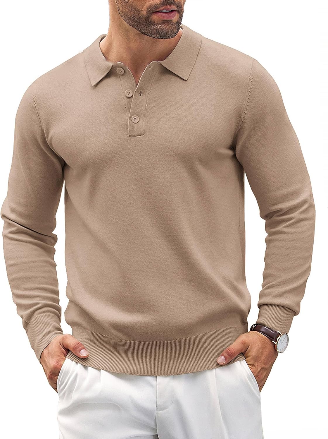 Mens Knit Polo Shirts Casual Long Sleeve Classic Polo Shirts Button Down Golf Shirts