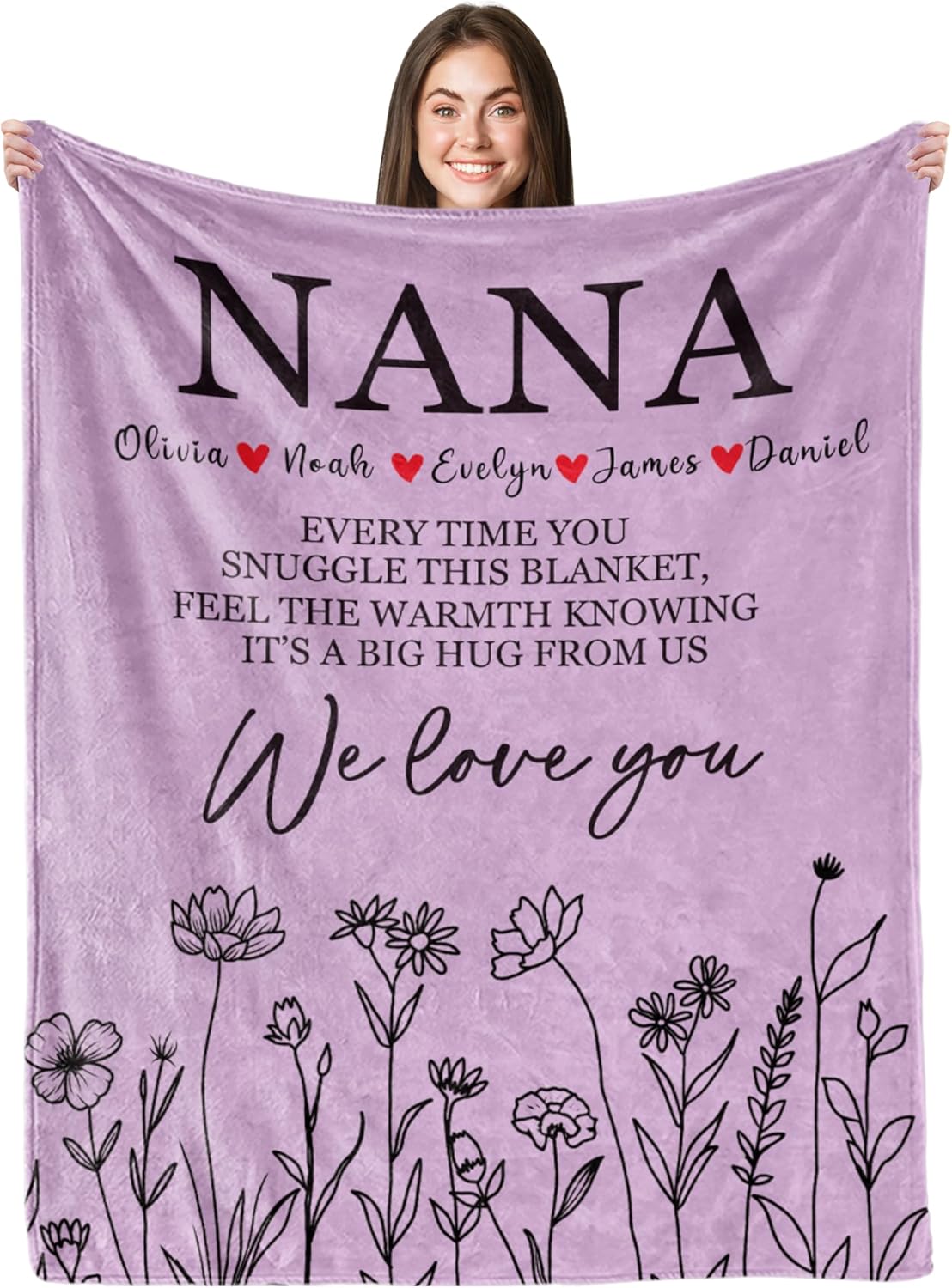 Ship Next Day, Personalized Gifts for Grandma, Grandmas Birthday Gift from Grandkids, Custom Blanket with Name, Flannel Throw Nana Blankets, for Grandma Customized Blanket