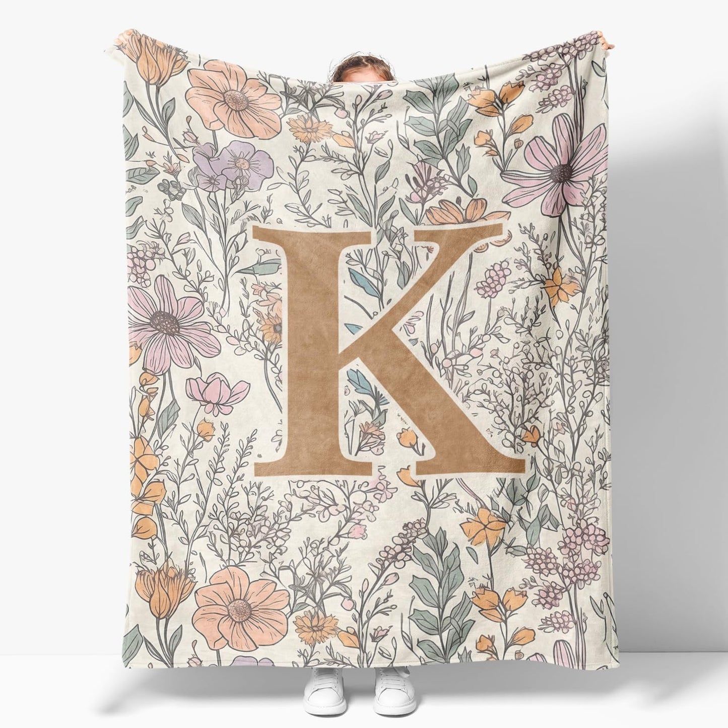 JXREQ Throw Blanket Initial Letter K Personalized Monogrammed Gifts for Women Teen Girls Frends, Boho Floral Throw Blankets for Bed Sofa Living Room Office, 50x60 Inch