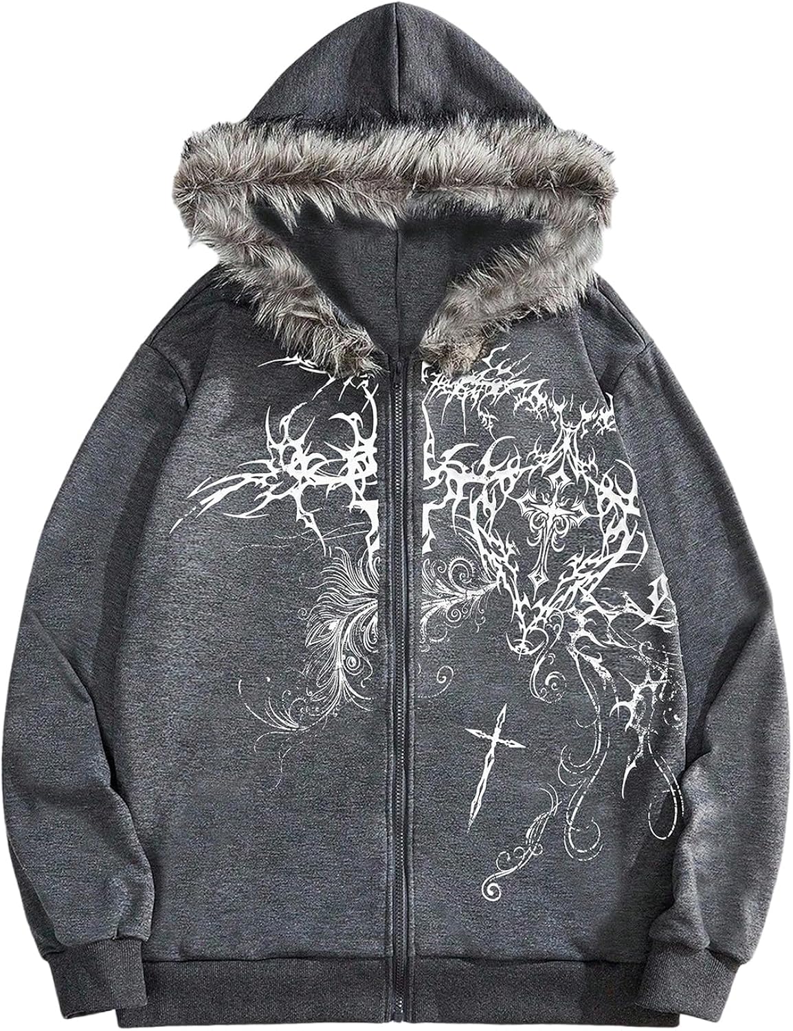 Men's Y2k Grunge Zip Up Hoodie Sweatshirts Gothic Fur Hooded Jacket Streetwear