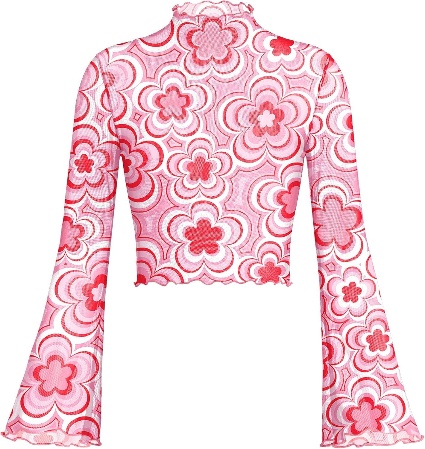 Women's Halloween 70s Hippie Bell Sleeve Shirt Mock Neck Lettuce Trim Mesh Sheer Crop Top
