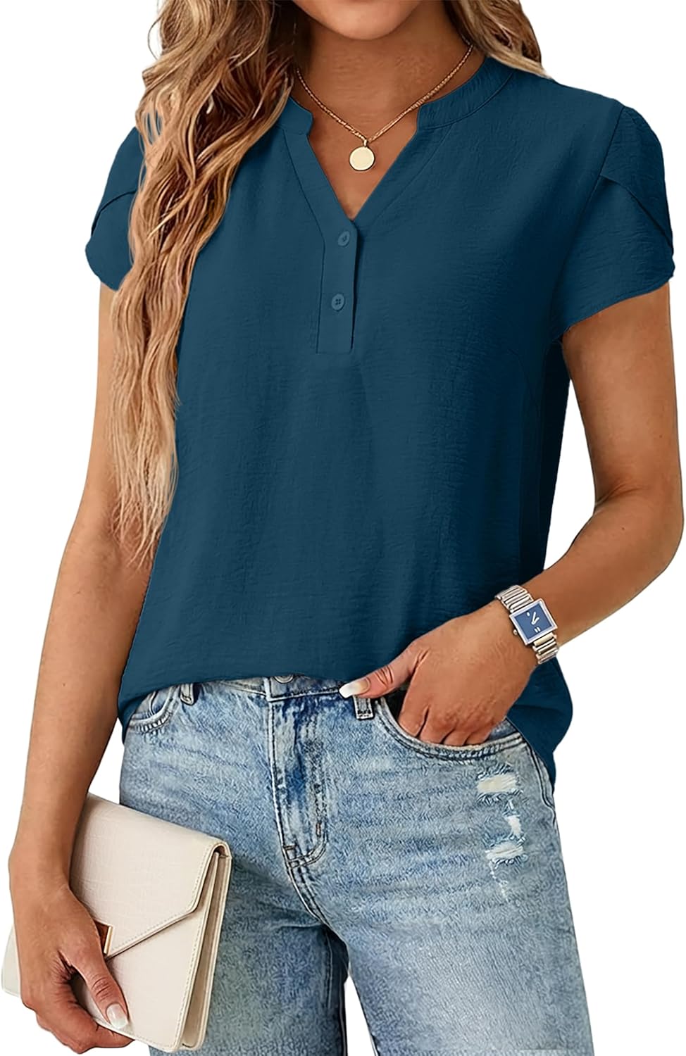 Womens Dressy Casual Henley Tops Summer V Neck Business Work Shirts Cap Sleeve Blouses Vacation