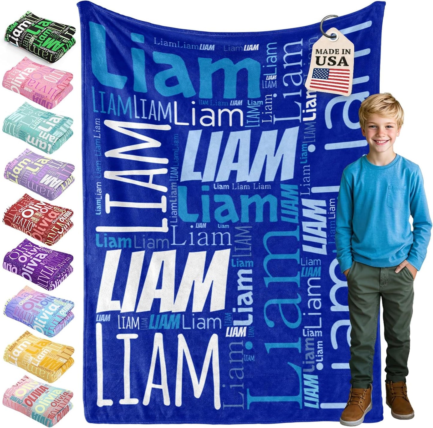 Bemaystar Ships Next Day, Custom Blanket with Name for Kids, Made in USA, Custom Name Blanket for Kids, Personalized Blankets for Boys Girls, Personalized Gifts for Kid Teen Girls Boys - Blue