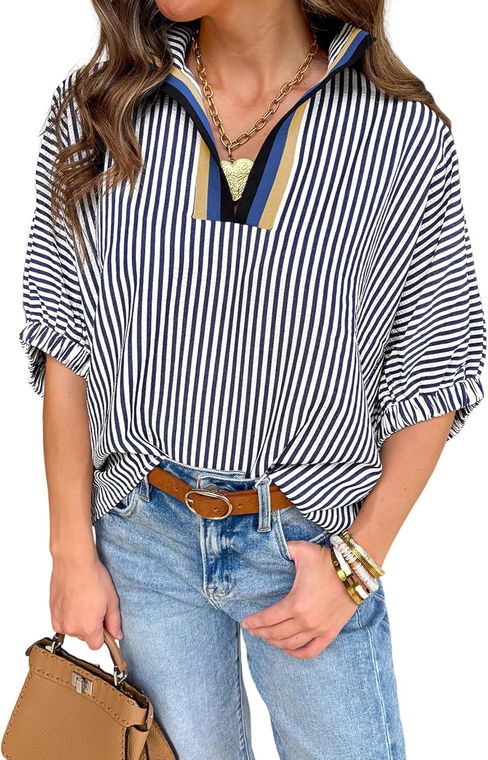 Womens Short Dolman Sleeve Tops Striped V Neck Summer Casual Loose Fit Blouses Business Tee Shirts Dressy