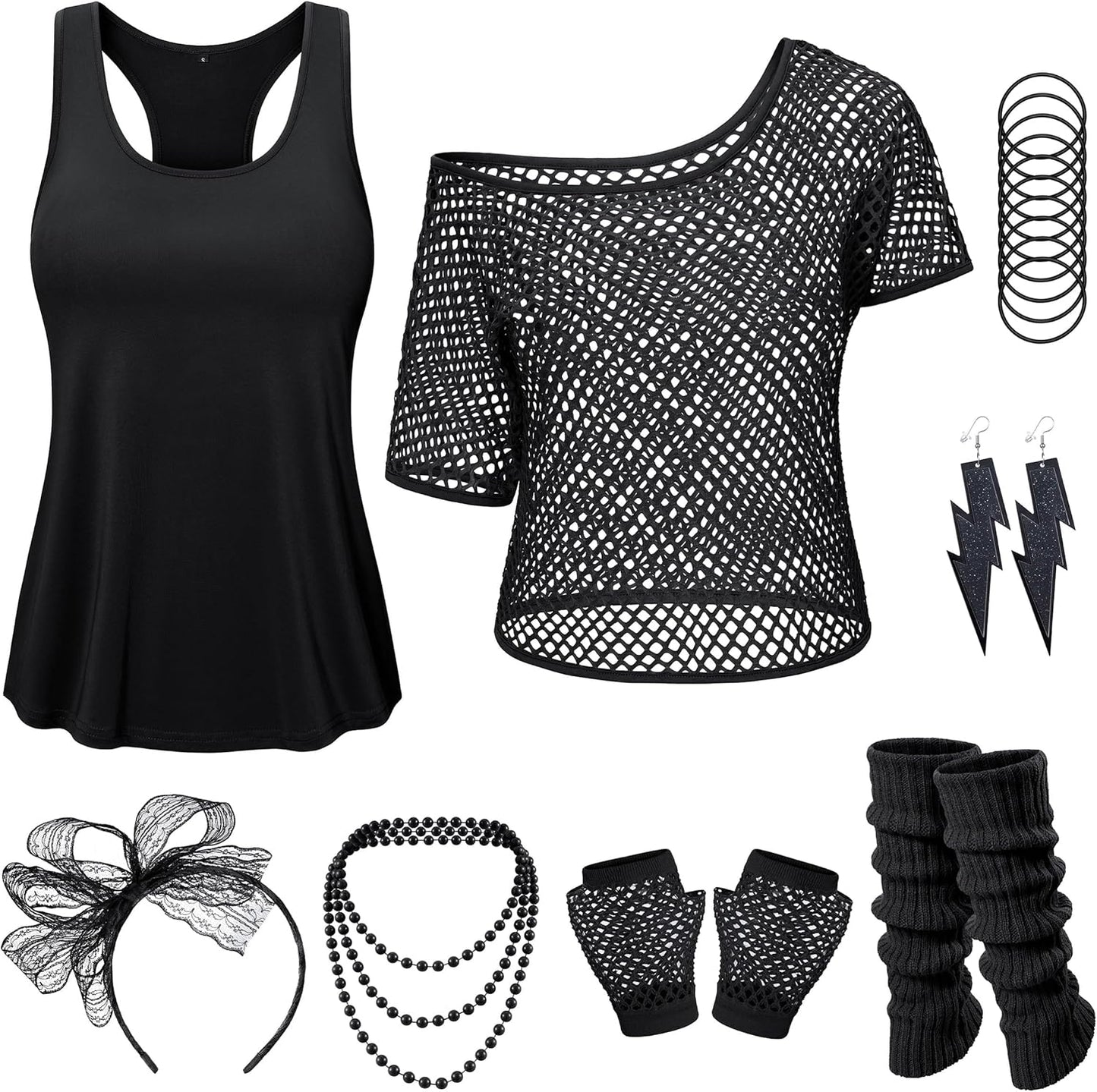 Women 80s Outfit Party Costumes Fishnet Neon Off Shoulder T-Shirt Two Pieces With 80s Fancy Dress Costume Accessories