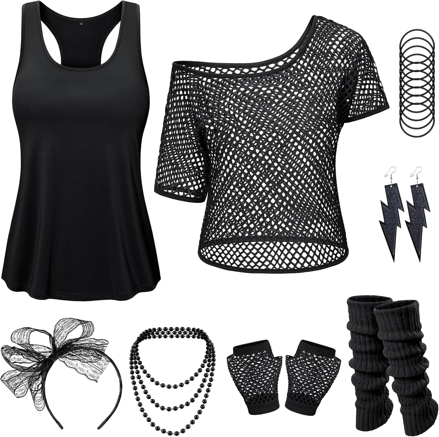 Women 80s Outfit Party Costumes Fishnet Neon Off Shoulder T-Shirt Two Pieces With 80s Fancy Dress Costume Accessories