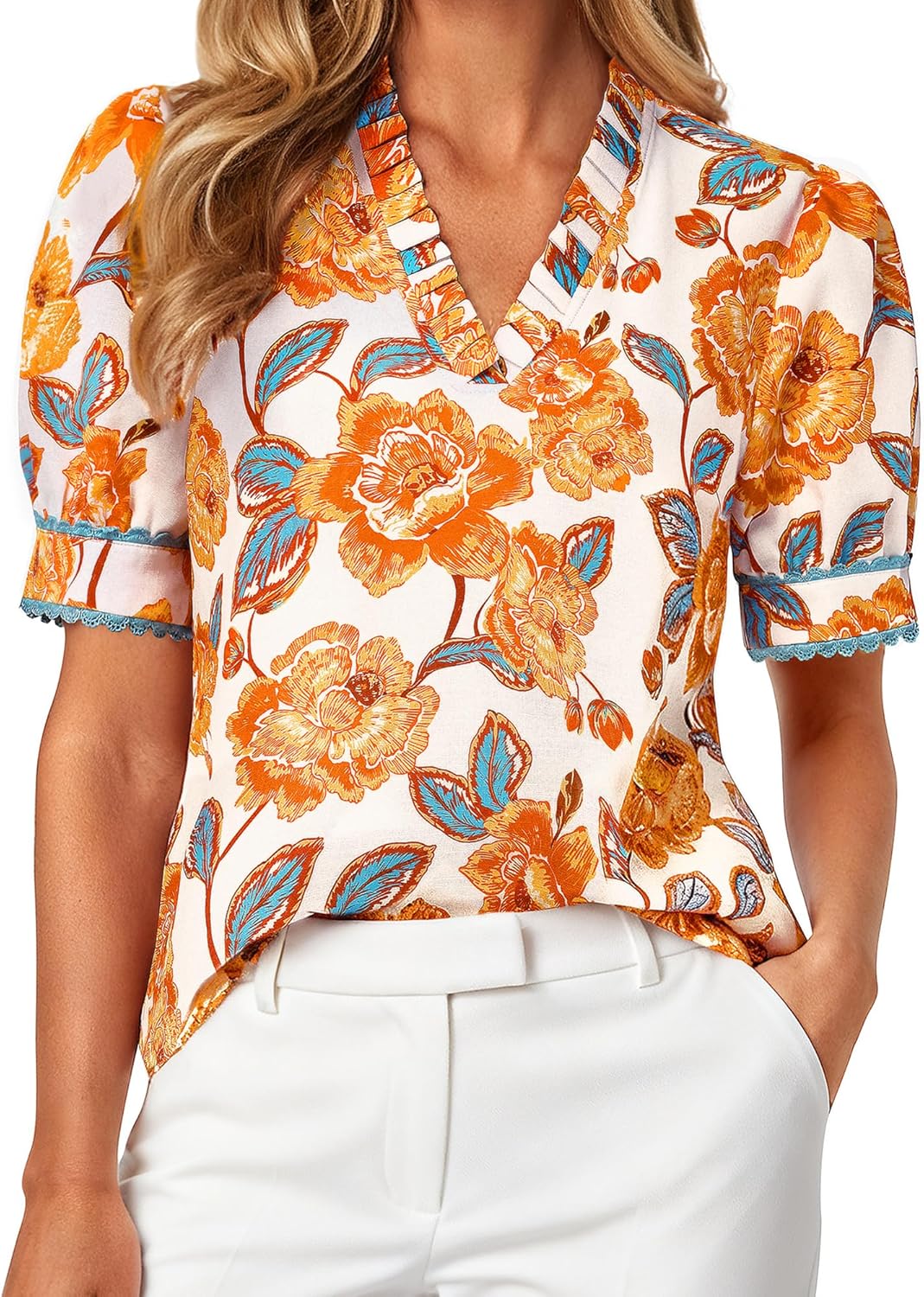 Women Boho Floral Tops, Summer Puff Short Sleeve Dressy Casual Shirts, 2026 Spring V Neck Vacation Work Blouse