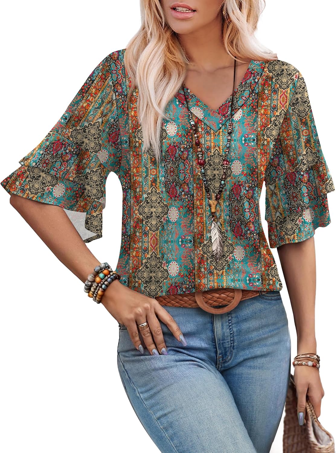 Spring Tops for Women Boho Shirts Fashion Clothing Cute 3/4 Length Sleeve Blouses Dressy Casual Summer Outfits