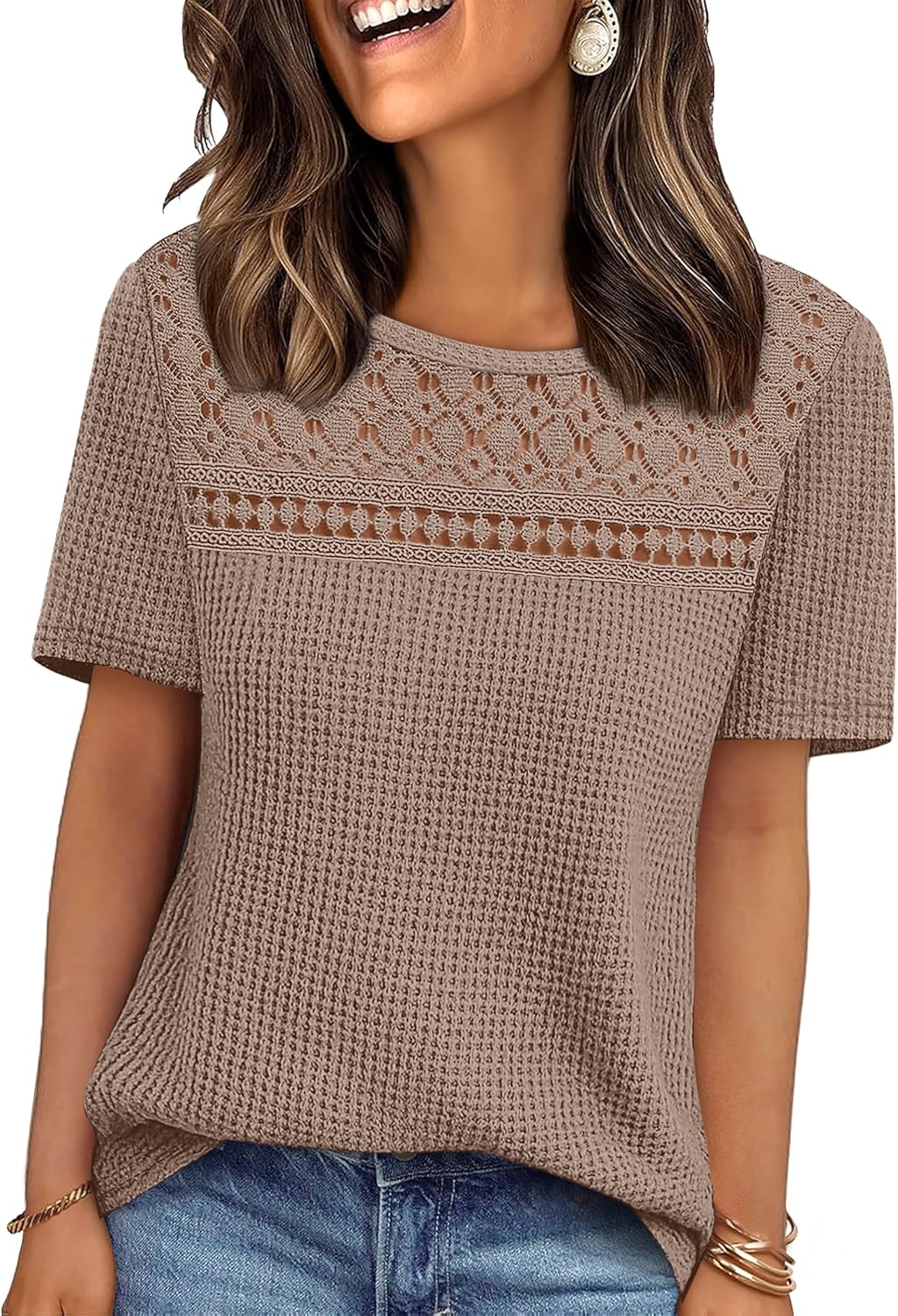 Womens Tops Dressy Casual Short Sleeve Shirts Boho Crochet Lace Waffle Knit Plus Size Fashion Clothing