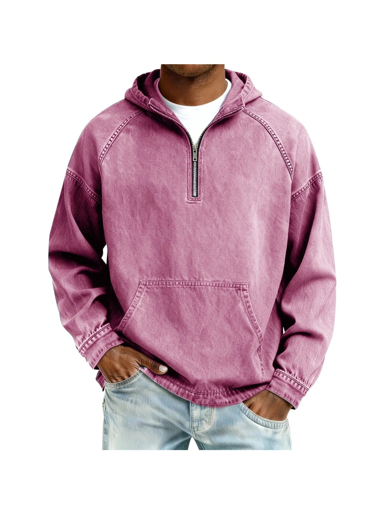 European Style Men’s Denim Hoodie with Half-Zip for Spring and Autumn