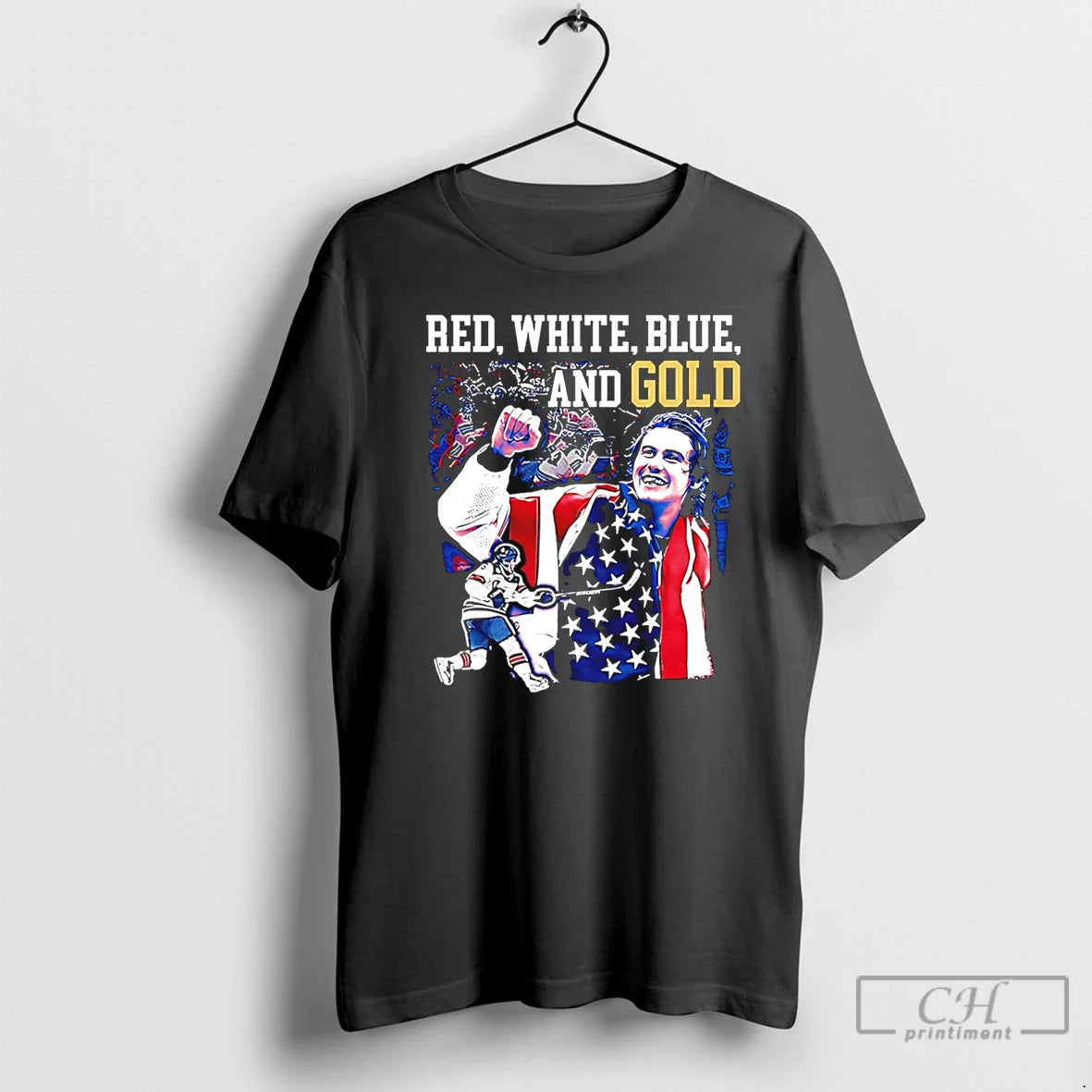 Classic Jack Hughes Red White Blue And Gold Usa Hockey 2026 Olympics Champions T Shirts