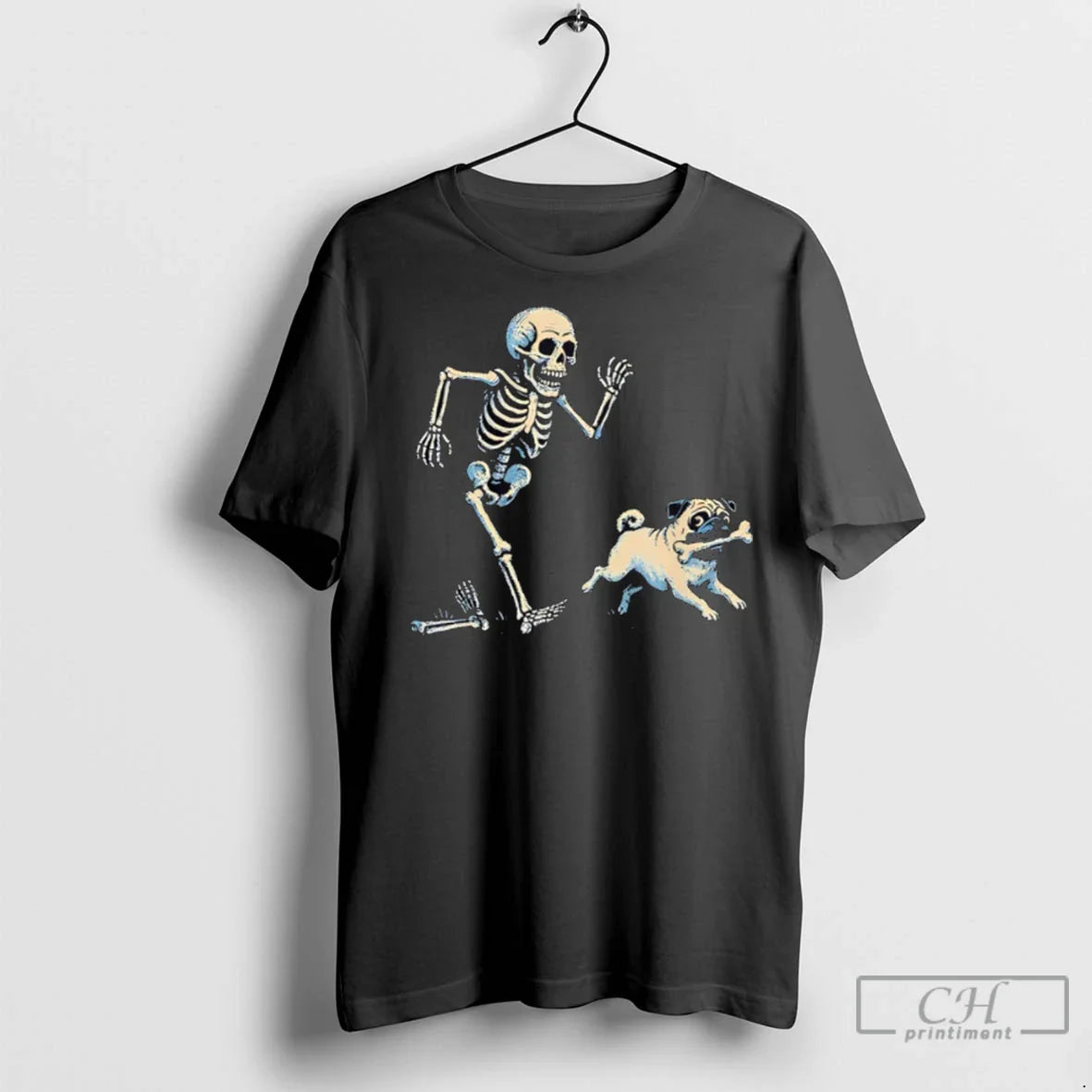 Premium Skeleton Chasing Pug Halloween Dog Mom Pug