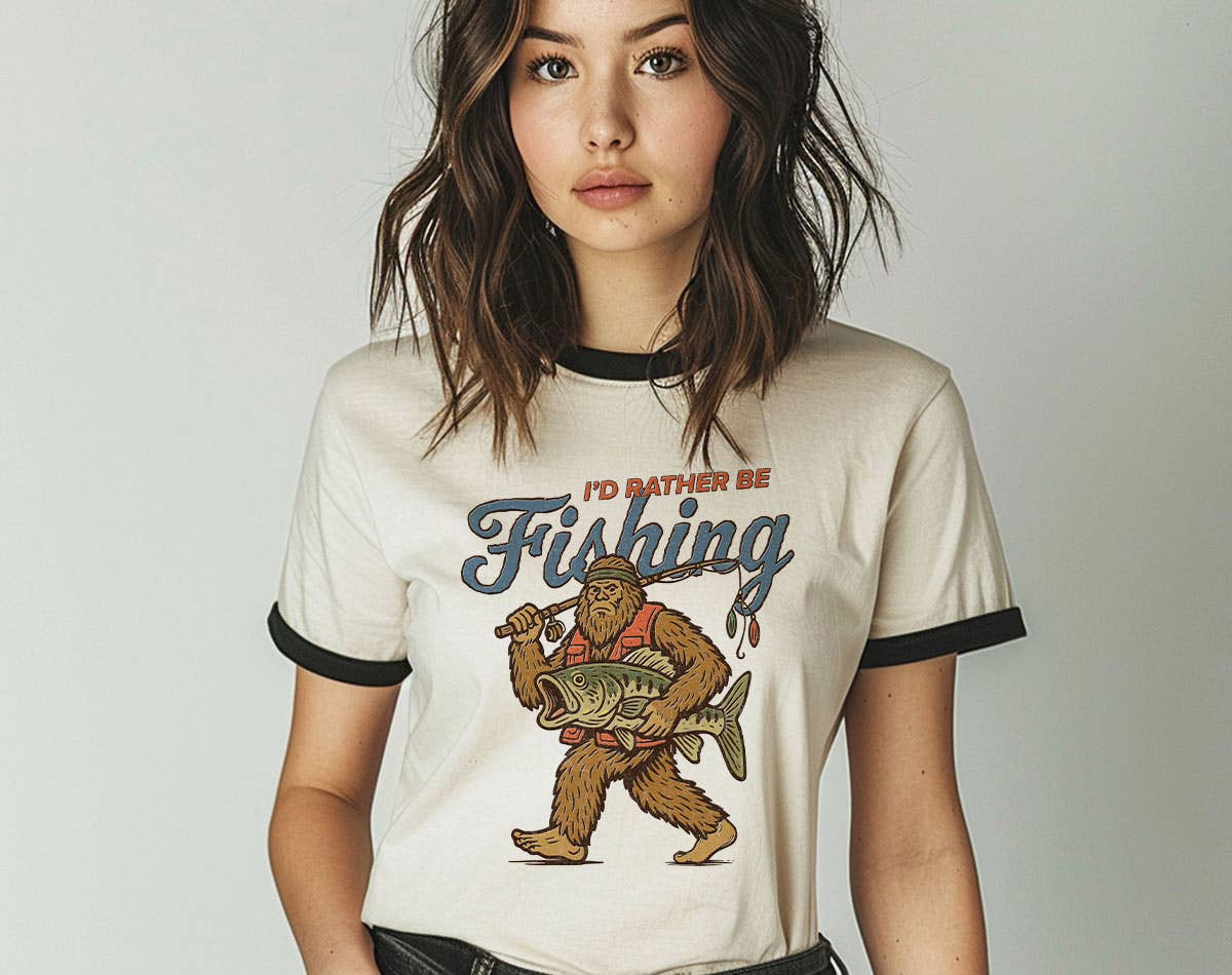 I'd Rather Be Fishing Bigfoot - Funny Fishing Ringer Shirt