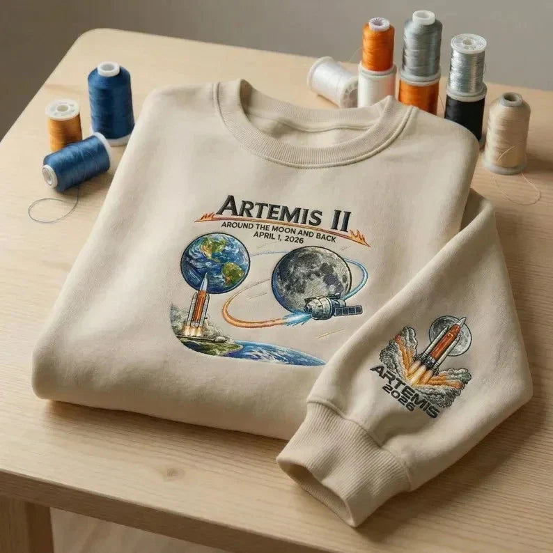 Artemis II Embroidered Sweatshirt, Vintage Space Exploration Crewneck, Moon Mission