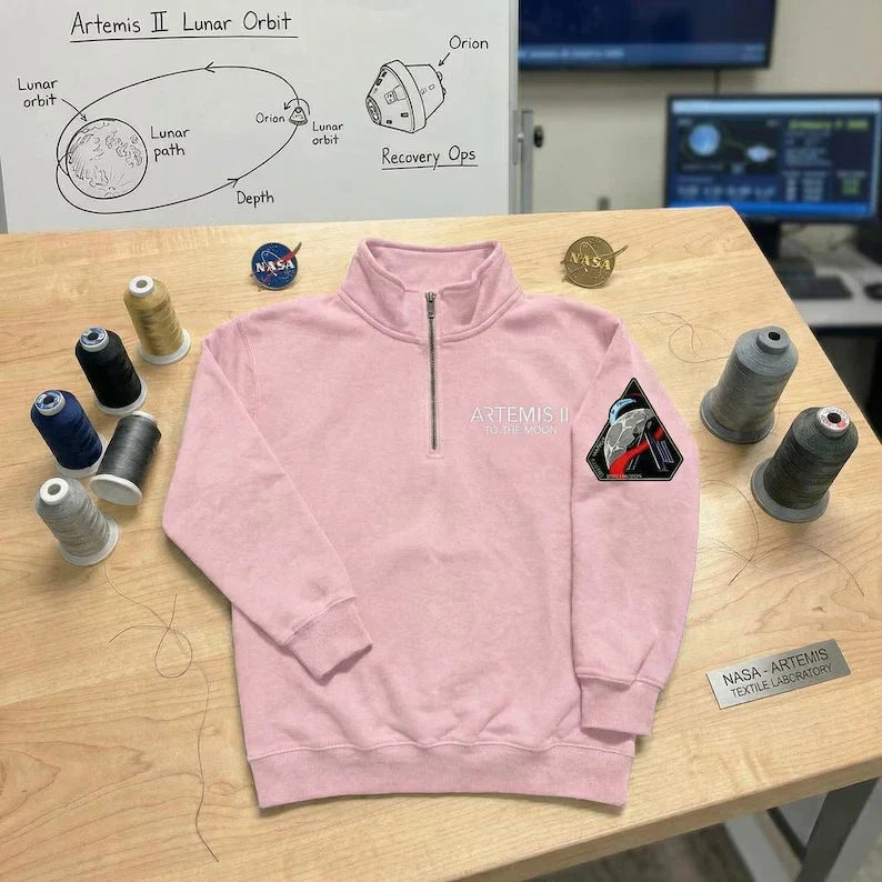 Artemis II To The Moon Embroidered Quarter Zip Sweater, NAS@ Space Mission Apparel